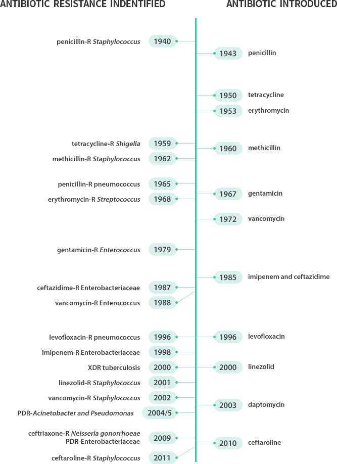 내성균의 역사 - 1940년 penicillin-R Staphylococcus 발견 , 1943년 penicillin 도입 , 1950년 tetracycline 도입 , 1953년 erythromycin 도입 , 1959년 tetracycline-R Shigella 발견 , 
			 1960년 methicillin 도입 , 1962년 methicillin-R pneumococcus 발견 , 1965년 penicillin-R pneumococcus 발견 , 1967년 gemtamicin 도입 , 
			 1968년 erythromycin-R Streptococcus 발견 , 1972년 imipenem and ceftazidime 도입 , 1979년 gentamicin-R Enterococcus 발견,
			 1985년 imipenem and ceftazidime 도입, 1987년 ceftazidime-R Enterobacteriaceae 발견, 1988년 vancomycin-R Enterococcus 발견 ,
			 1996년 levofloxacin-R pneumococcus 발견 , 1996년 levofloxacin 도입 , 1998년 imipenem-R Enterobacteriaceae 발견 , 
			 2000년 XDR tuberculosis 발견 , 2000년 linezolid 도입 , 2001년 linezolid-R Staphylococcus 발견 , 
			 2002년 vancomycin-R Staphylococcus 발견 , 2003년 daptomycin 도입 , 2004/5 PDR-Acinetobacter and Pseudomonas 발견 , 
			 2009년 ceftiaxone-R Neisseria gonorrhoeae, PDR-Enterobacteriaceae 발견 , 2010년 ceftaroline 도입 , 2011년 ceftaroline-R Staphylococcus 발견